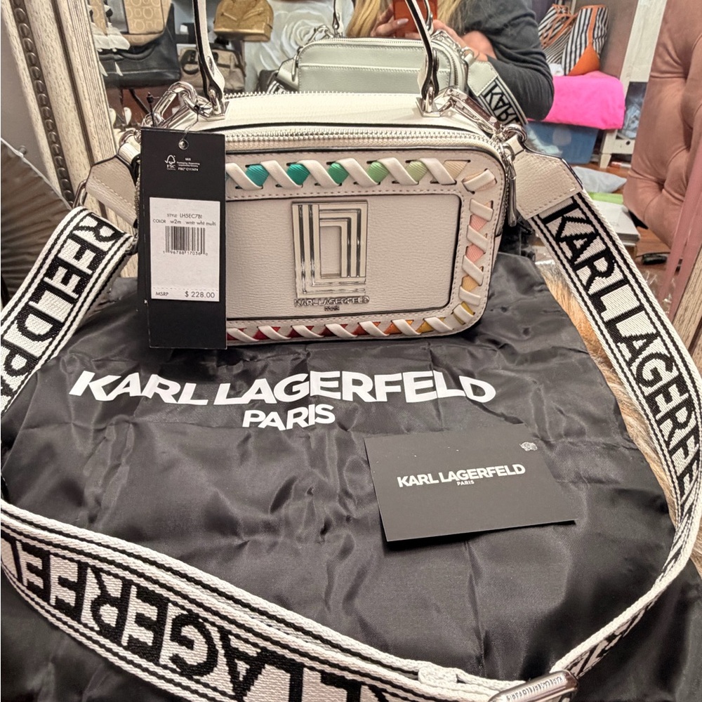 Karl Lagerfeld White Crossbody Camera Bag with Multicolor Braided Trim